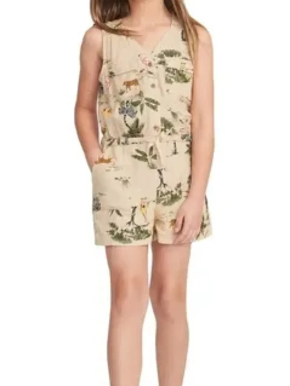 Old Navy Beige Jungle Print Sleeveless Romper with Yellow Accents.